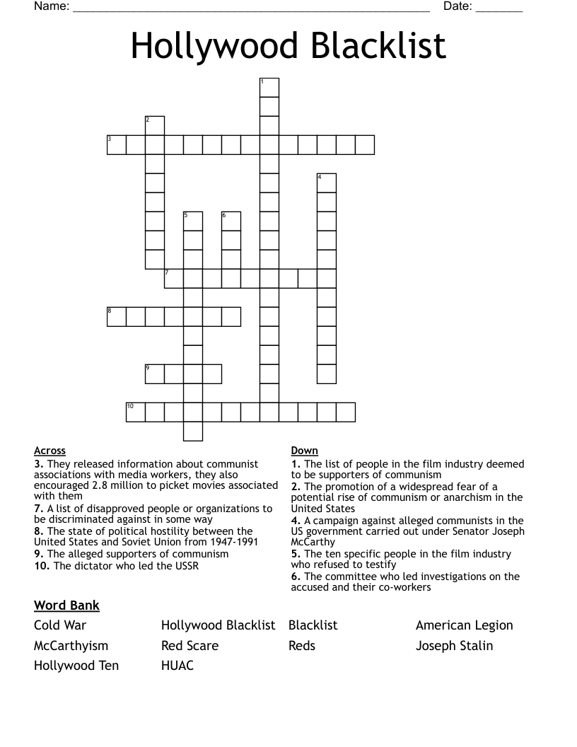 Hollywood Blacklist Crossword