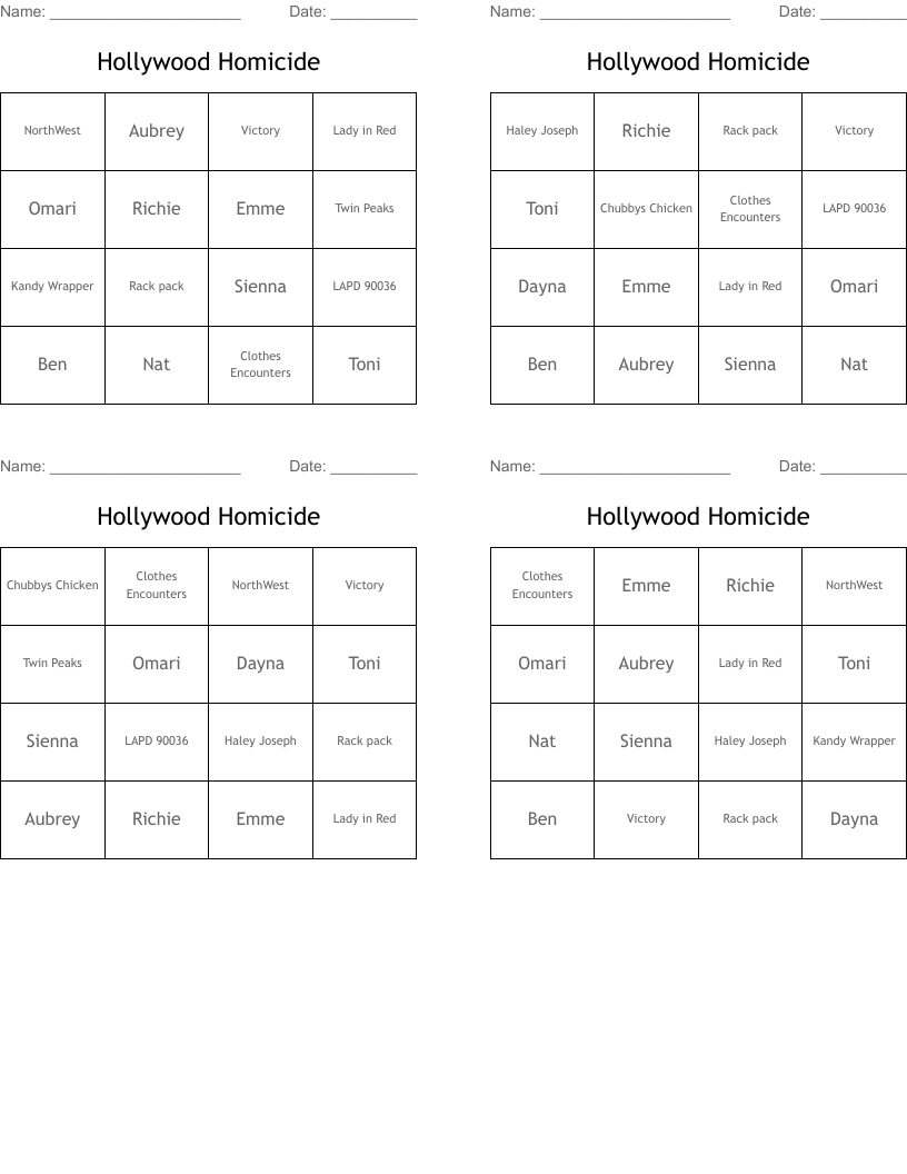 Hollywood Homicide Bingo Cards