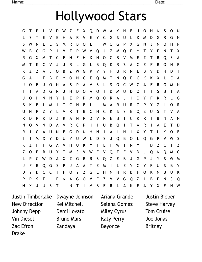 Hollywood Stars Word Search