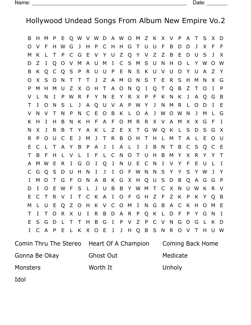 Hollywood Undead Songs From Album New Empire Vo.2 Word Search
