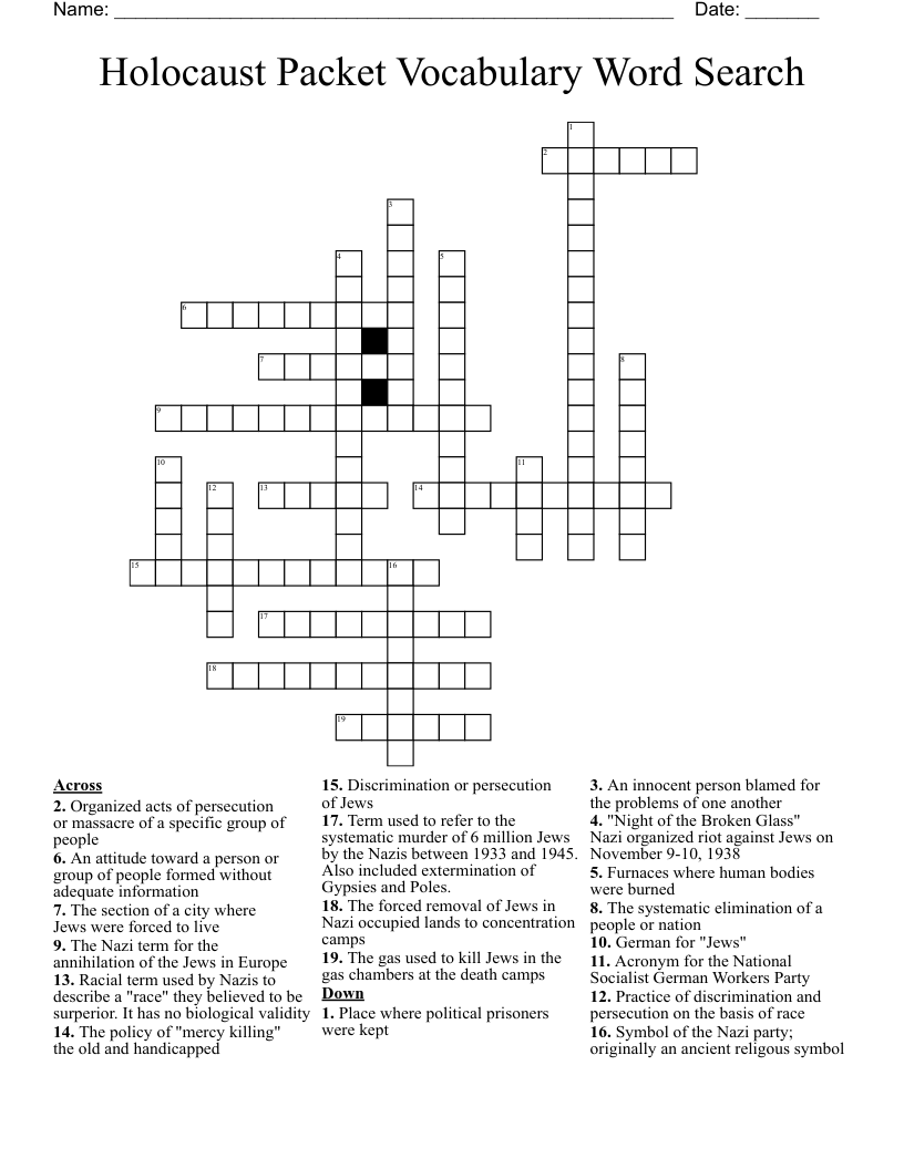 Holocaust Packet Vocabulary Word Search  Crossword