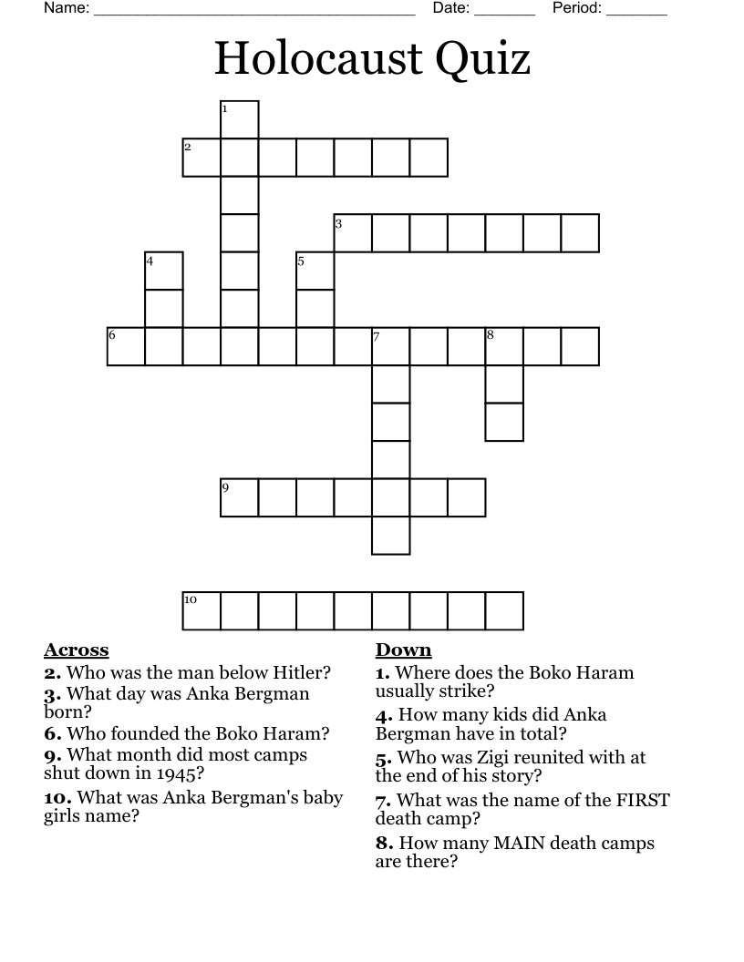 Holocaust Quiz Crossword