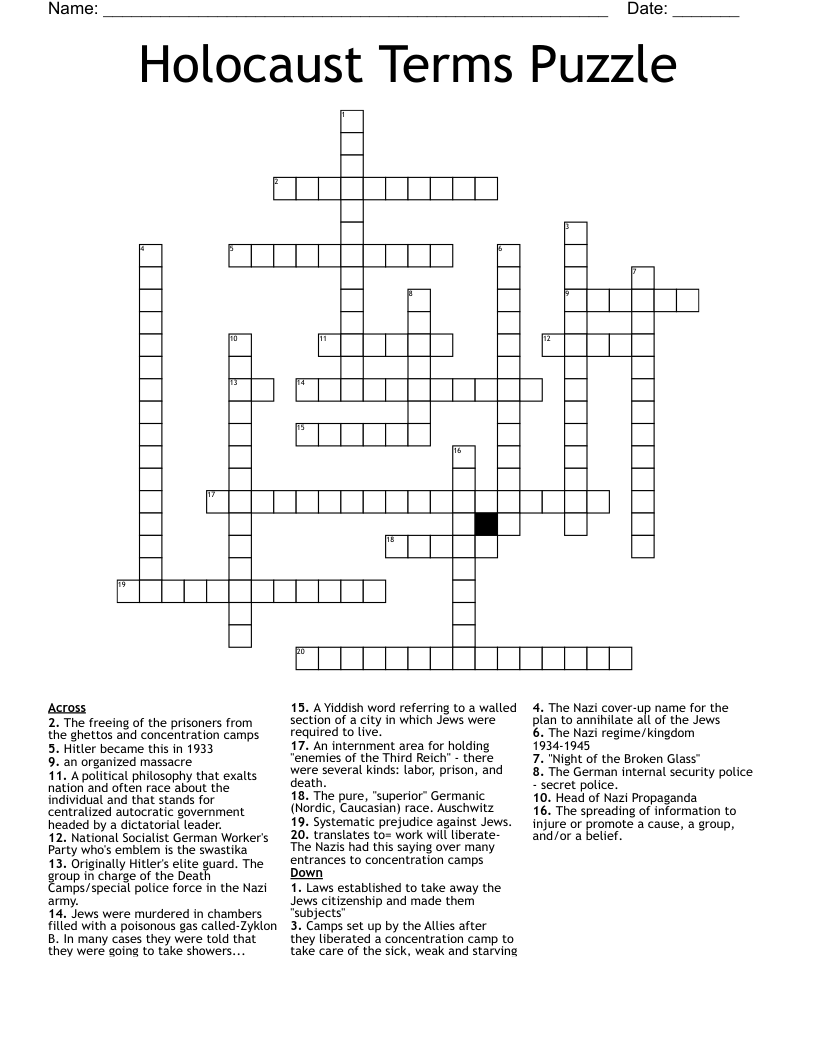 Holocaust Terms Puzzle Crossword