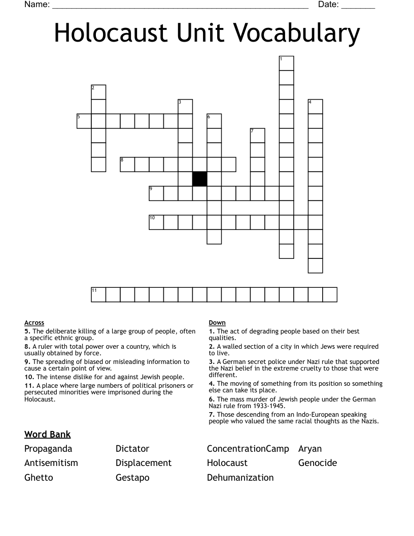 Holocaust Unit Vocabulary Crossword