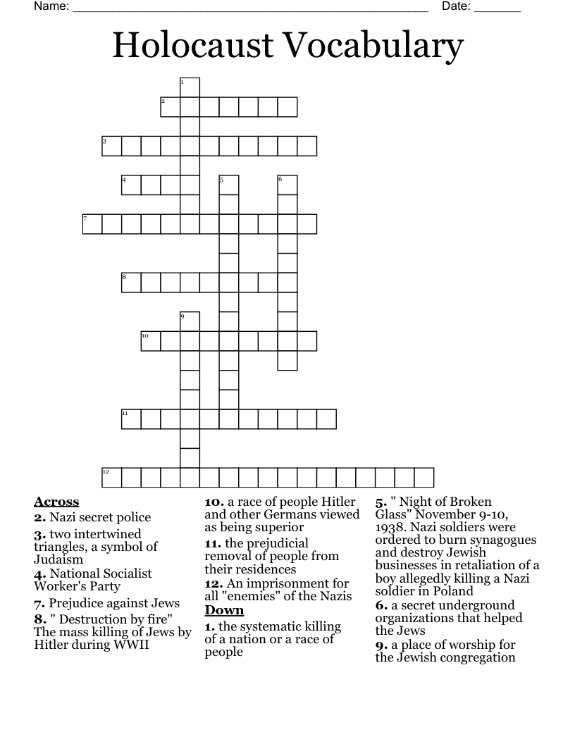 Holocaust Vocabulary Crossword