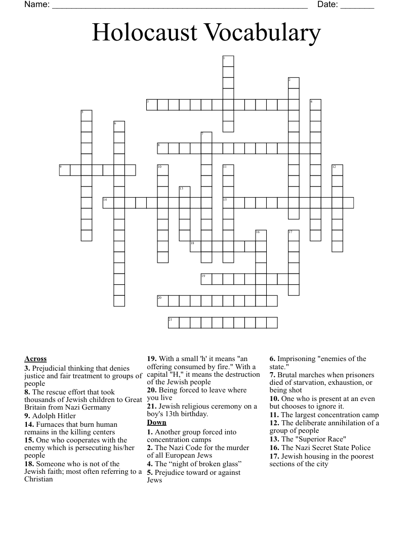 Holocaust Vocabulary Crossword