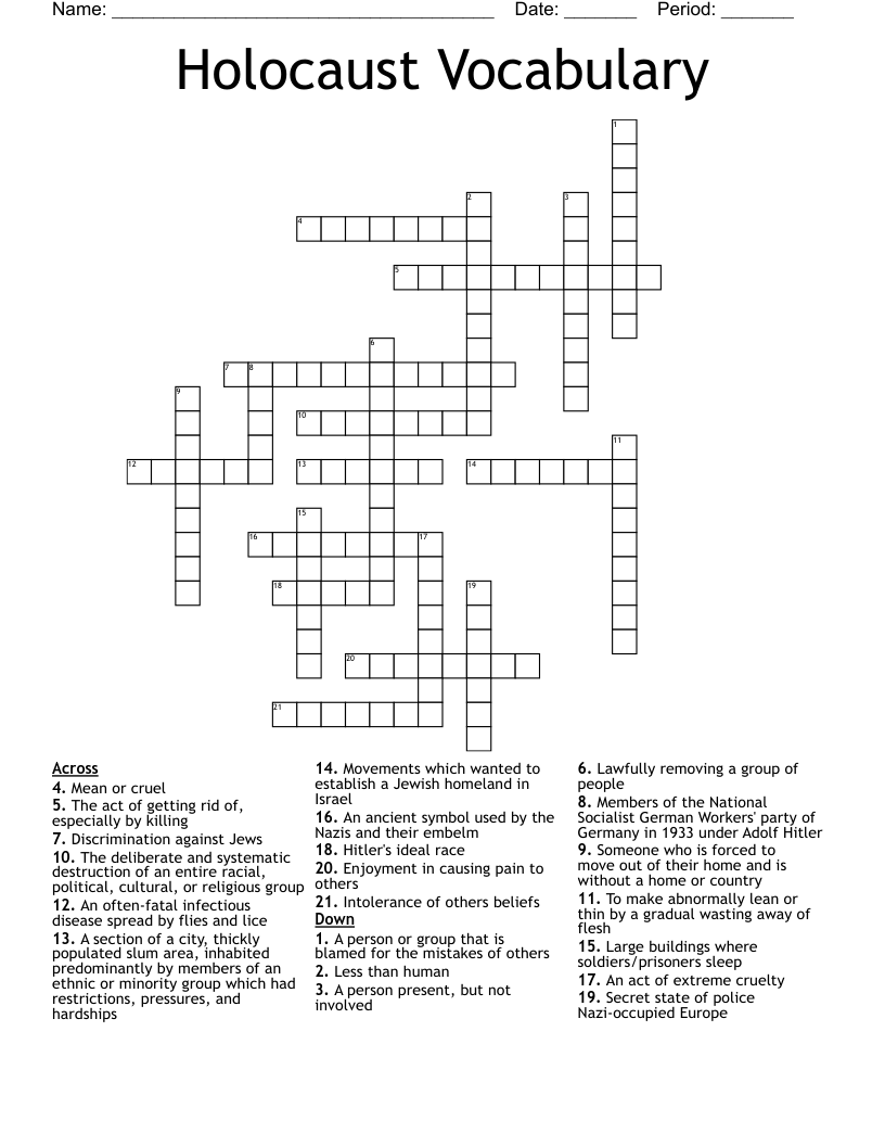 Holocaust Vocabulary Crossword