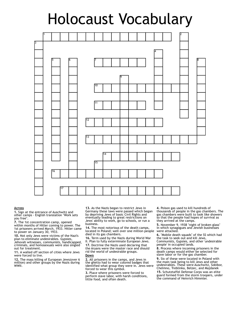 Holocaust Vocabulary Crossword