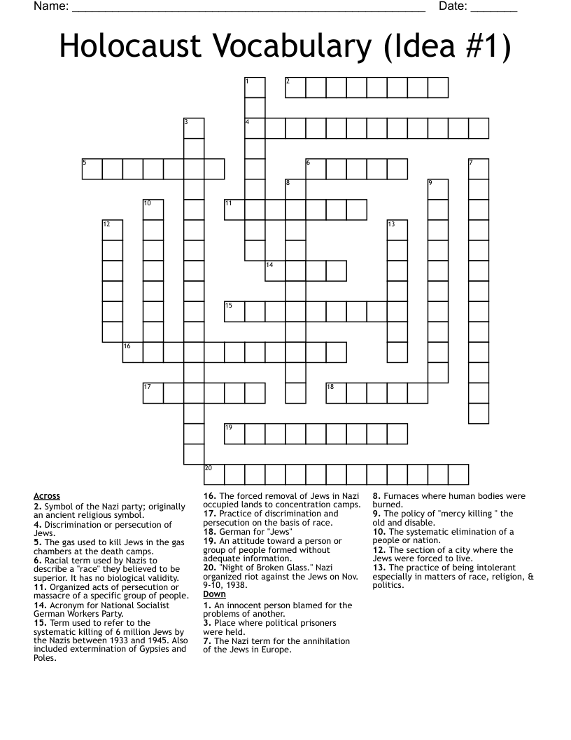 Holocaust Vocabulary (Idea #1) Crossword