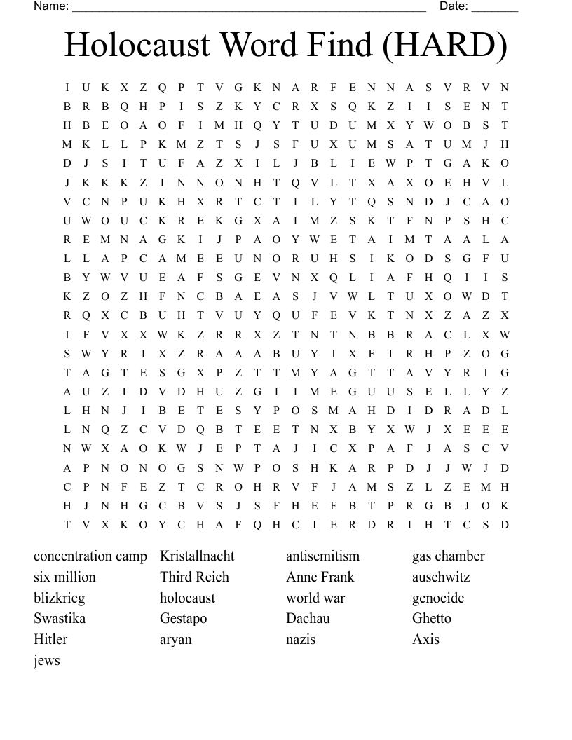 Holocaust Word Find (HARD) Word Search