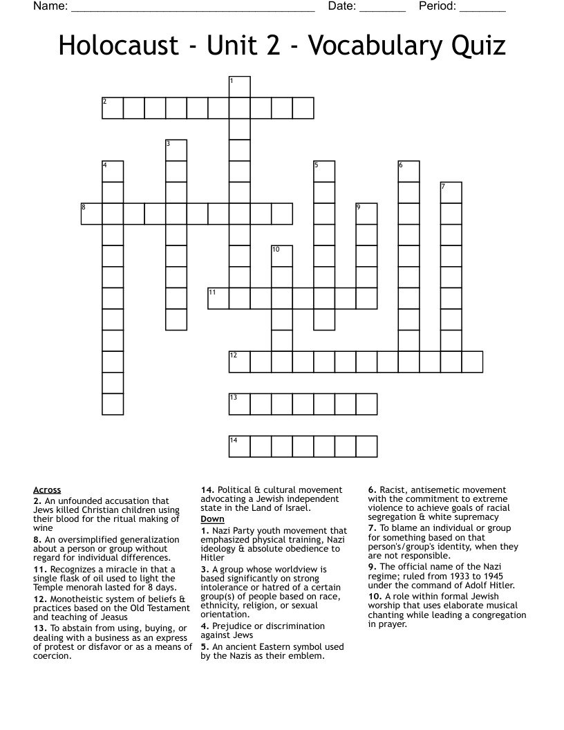 Holocaust - Unit 2 - Vocabulary Quiz Crossword