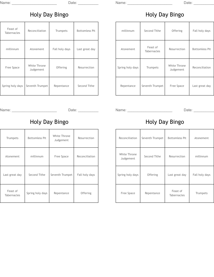Holy Day Bingo