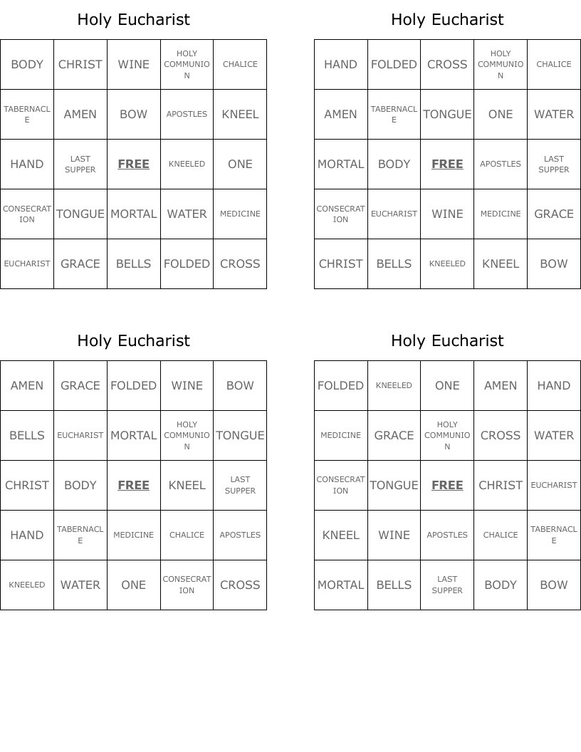 Holy Eucharist Bingo Cards