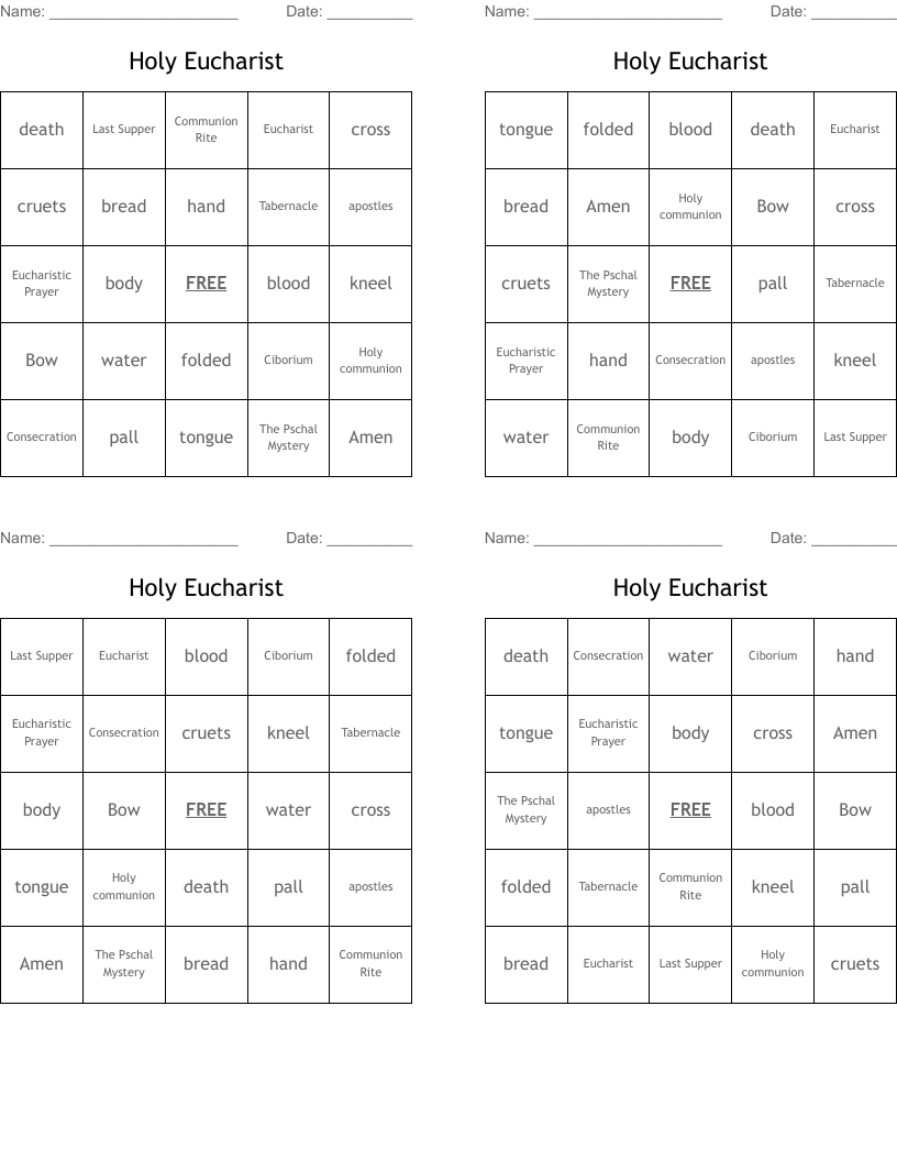 Holy Eucharist Bingo Cards