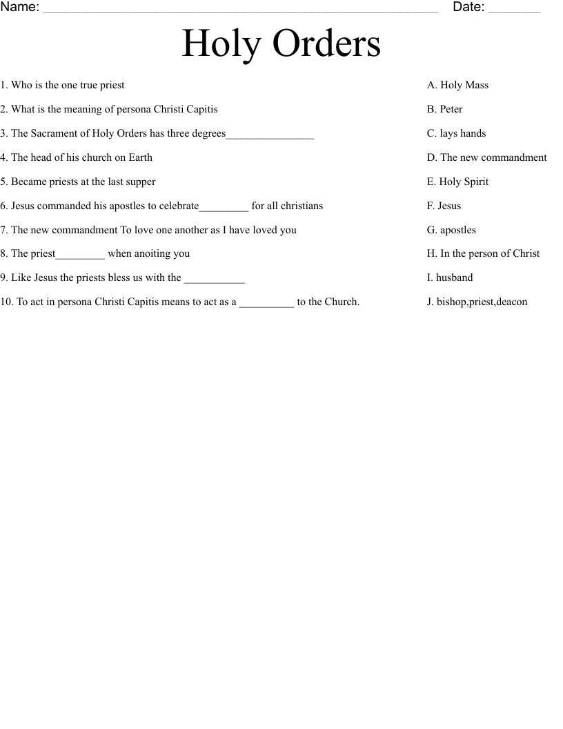Holy Orders  Worksheet