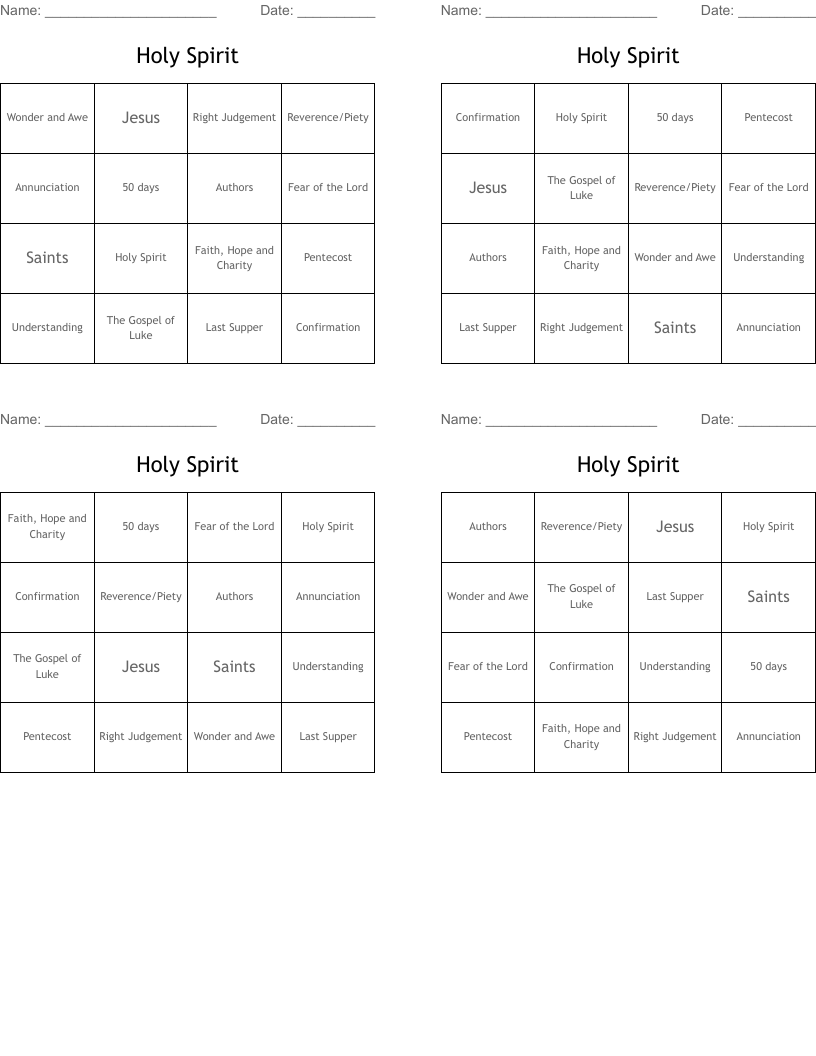 Holy Spirit Bingo Cards