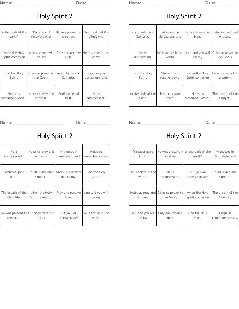Holy Spirit 2 Bingo Cards