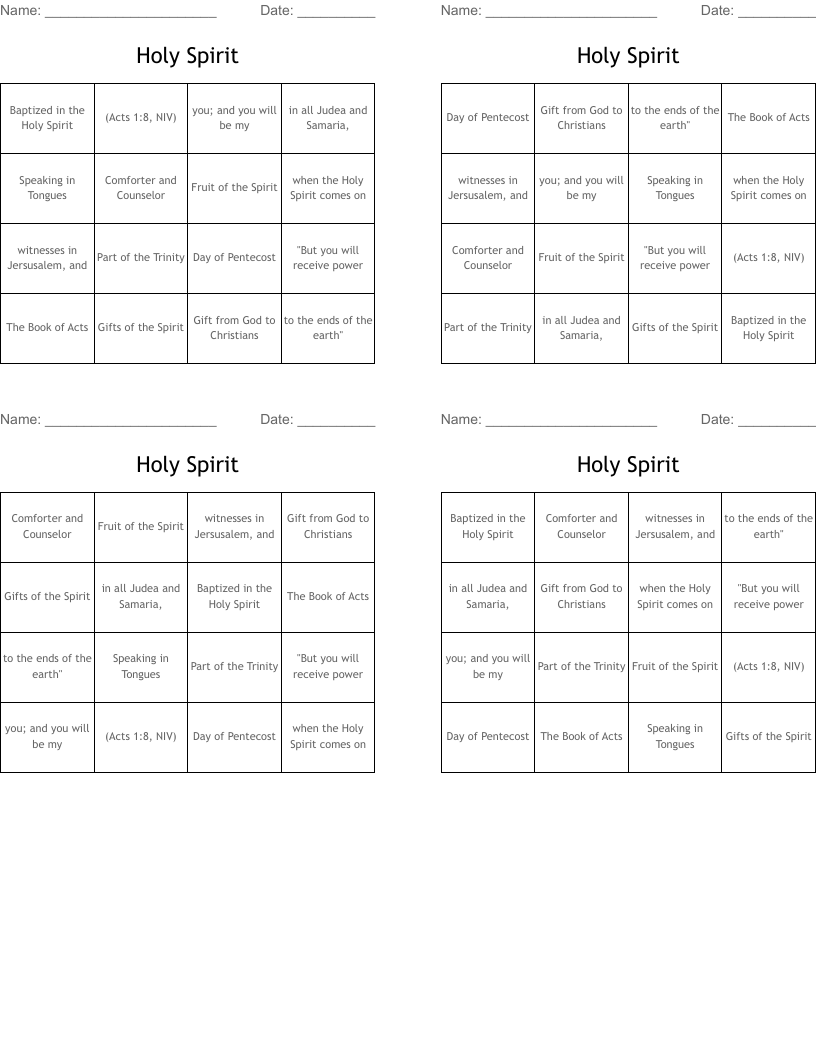 Holy Spirit Bingo Cards