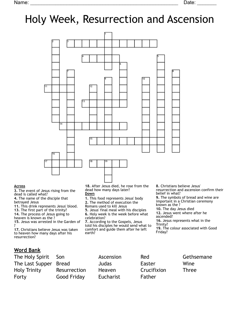 Holy Week, Resurrection and Ascension Crossword