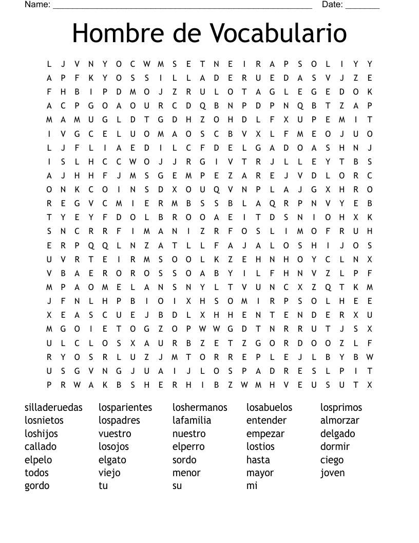 Hombre de Vocabulario Word Search