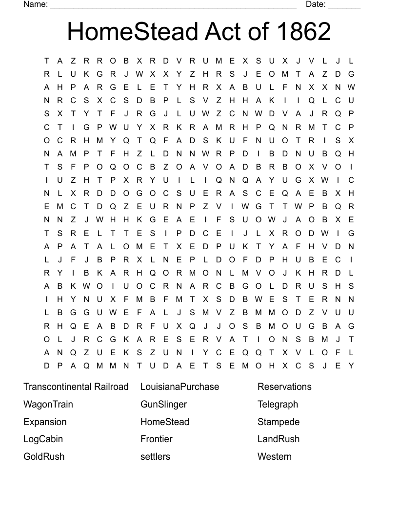 HomeStead Act of 1862 Word Search