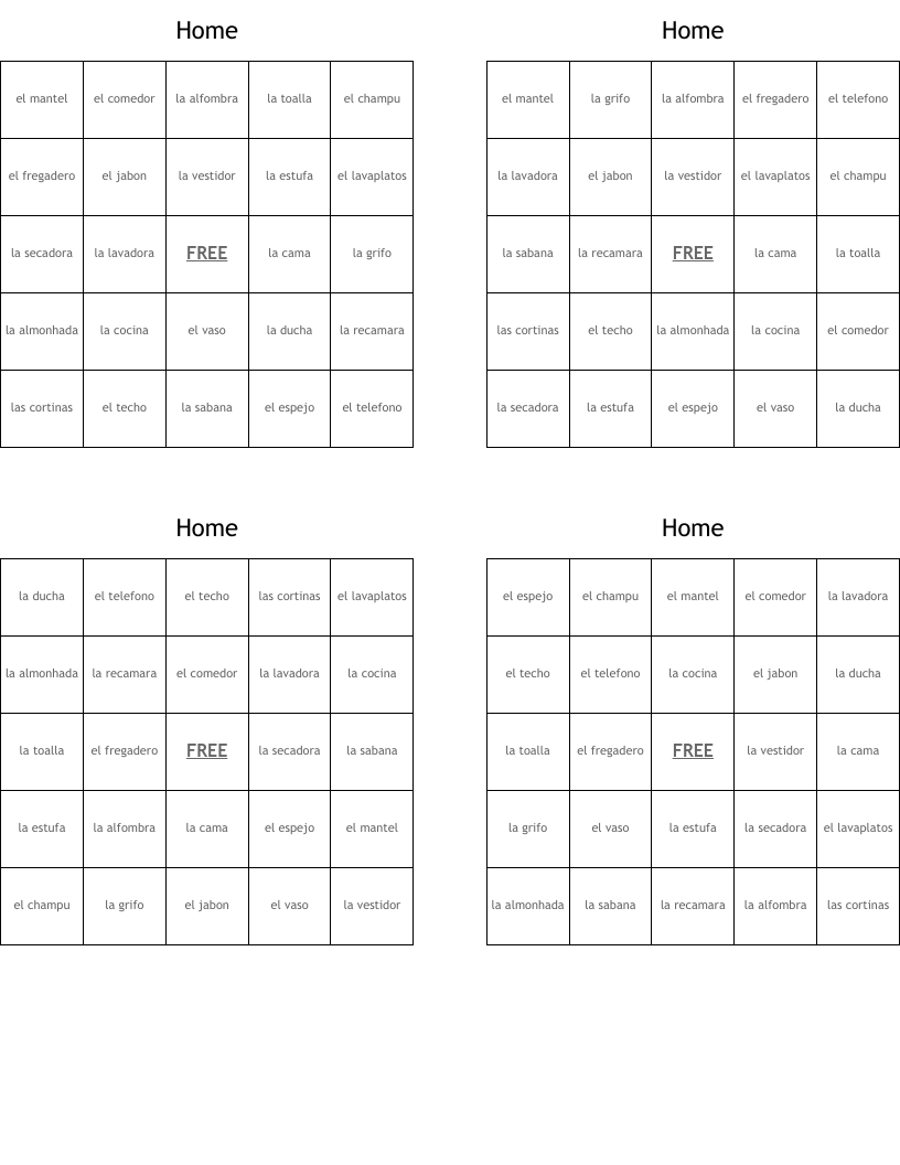Home Bingo Cards
