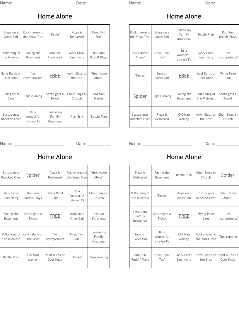 Home Alone Bingo Cards