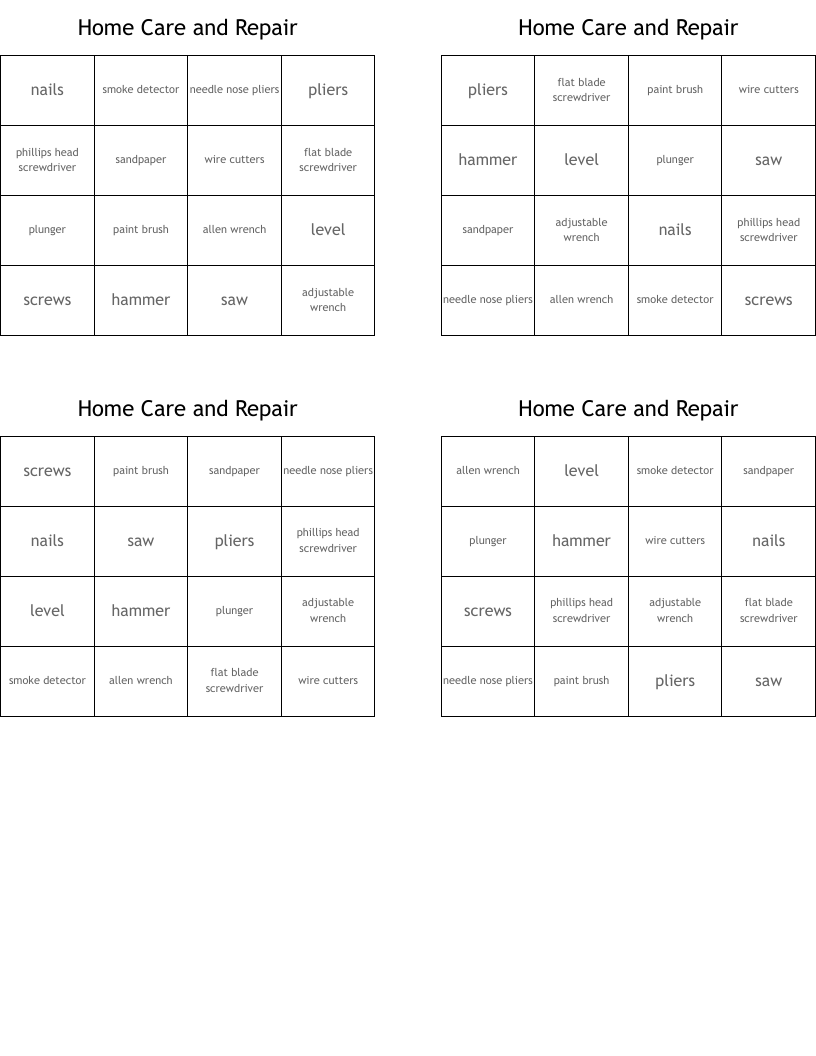 Home Care and Repair Bingo Cards