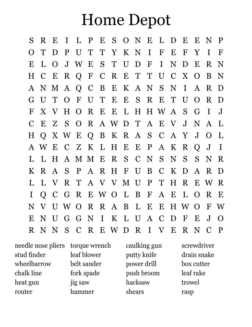 Home Depot Word Search