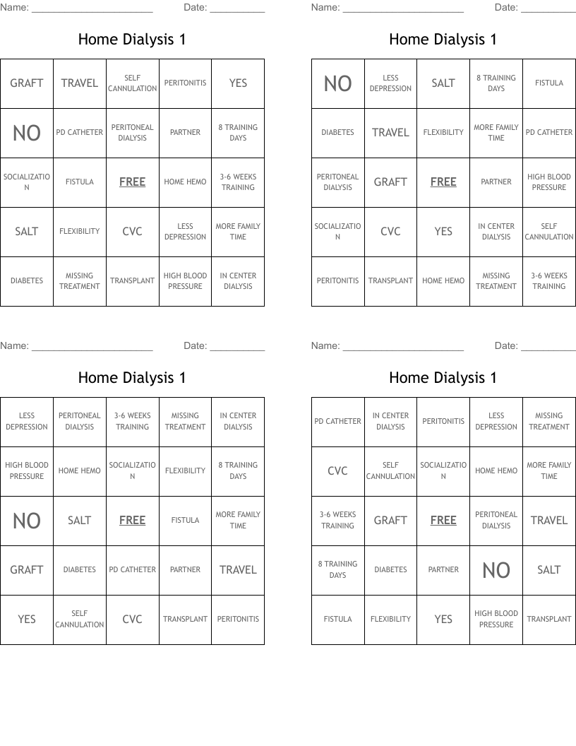 Home Dialysis 1 Bingo Cards