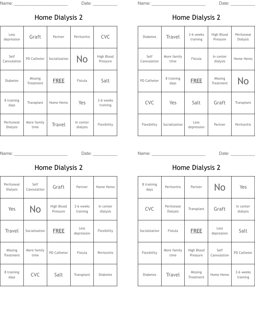Home Dialysis 2 Bingo Cards