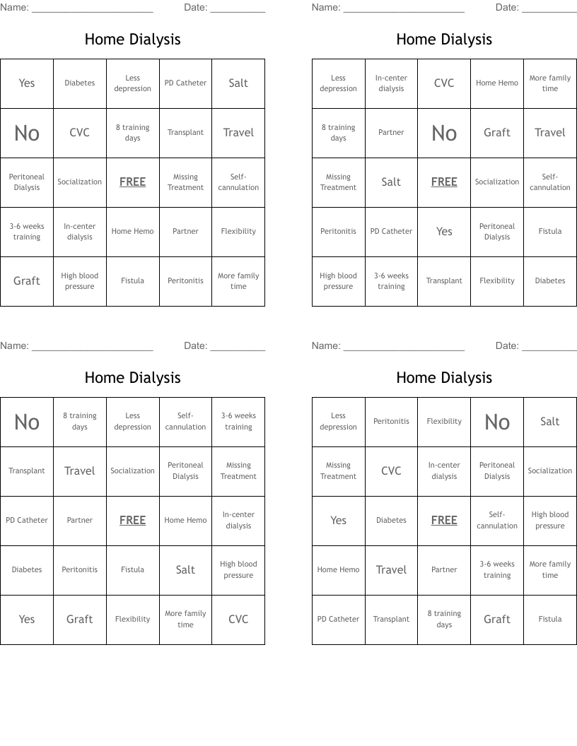 Home Dialysis Bingo Cards