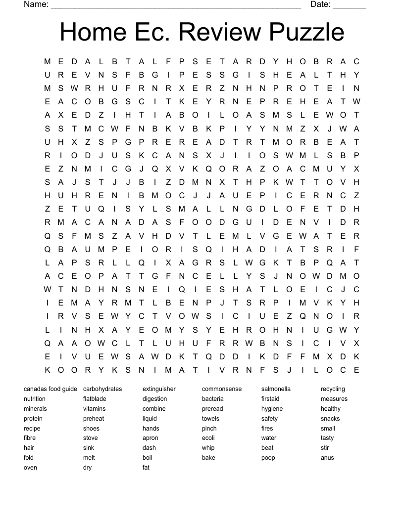 Home Ec. Review Puzzle Word Search