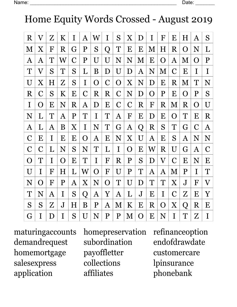 Home Equity Words Crossed - August 2019 Word Search