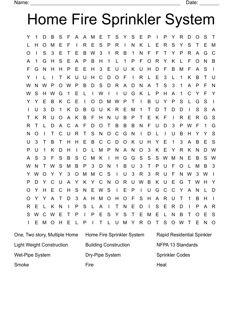 Home Fire Sprinkler System  Word Search