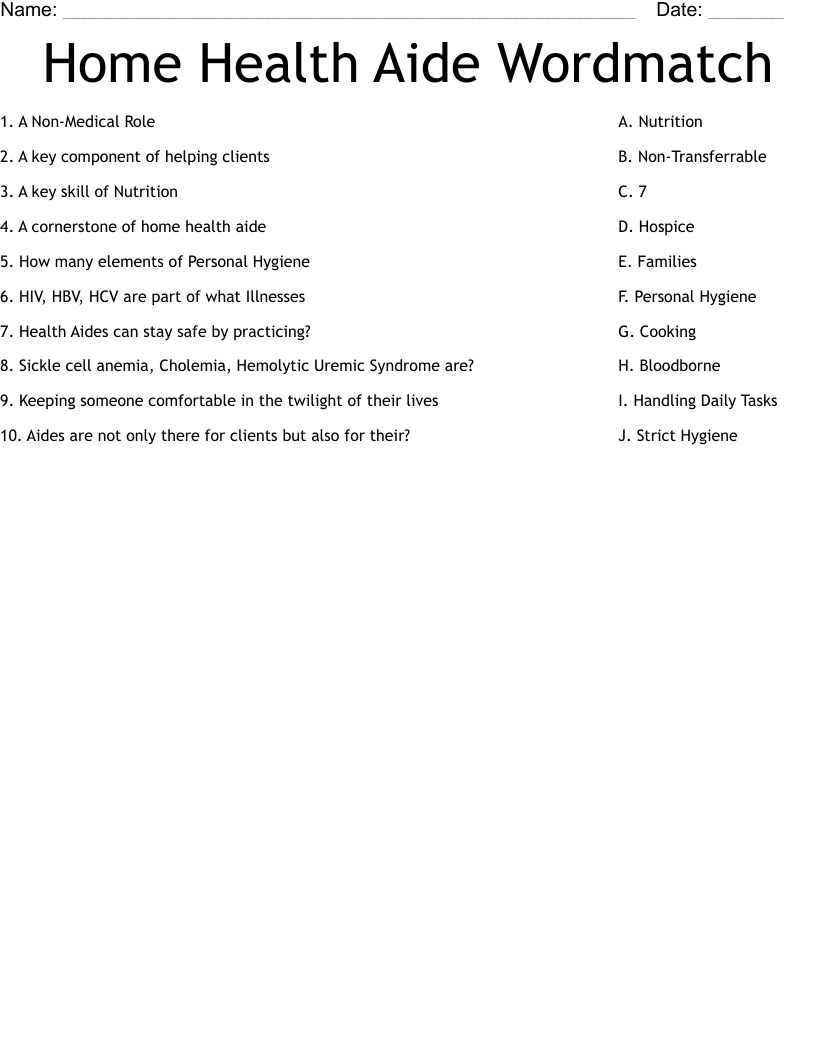 Home Health Aide Wordmatch Worksheet