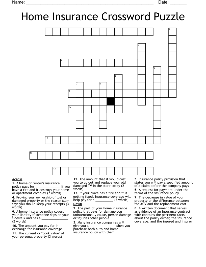 Home Insurance Crossword Puzzle