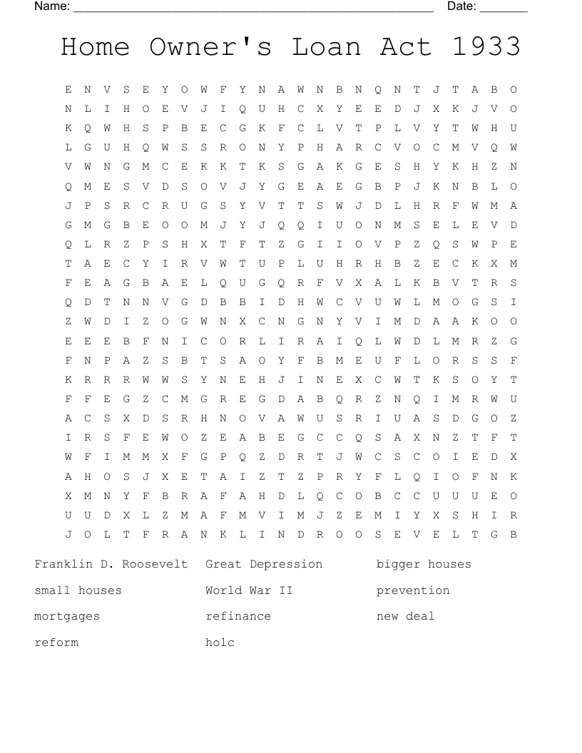 Home Owner's Loan Act 1933 Word Search