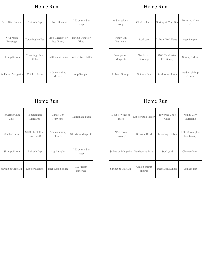 Home Run Bingo Cards