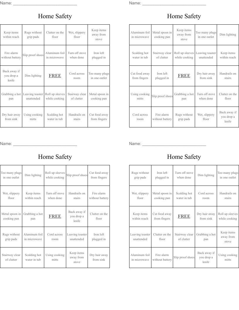 Home Safety Bingo Cards