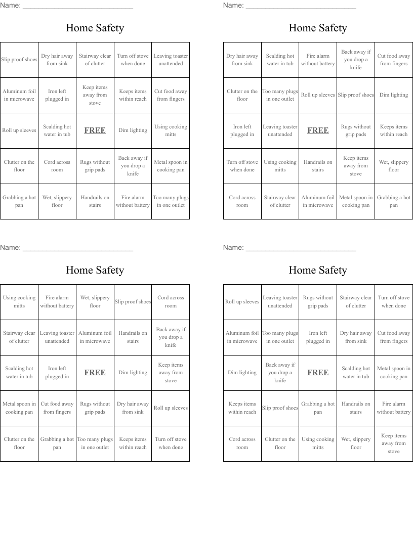 Home Safety Bingo Cards