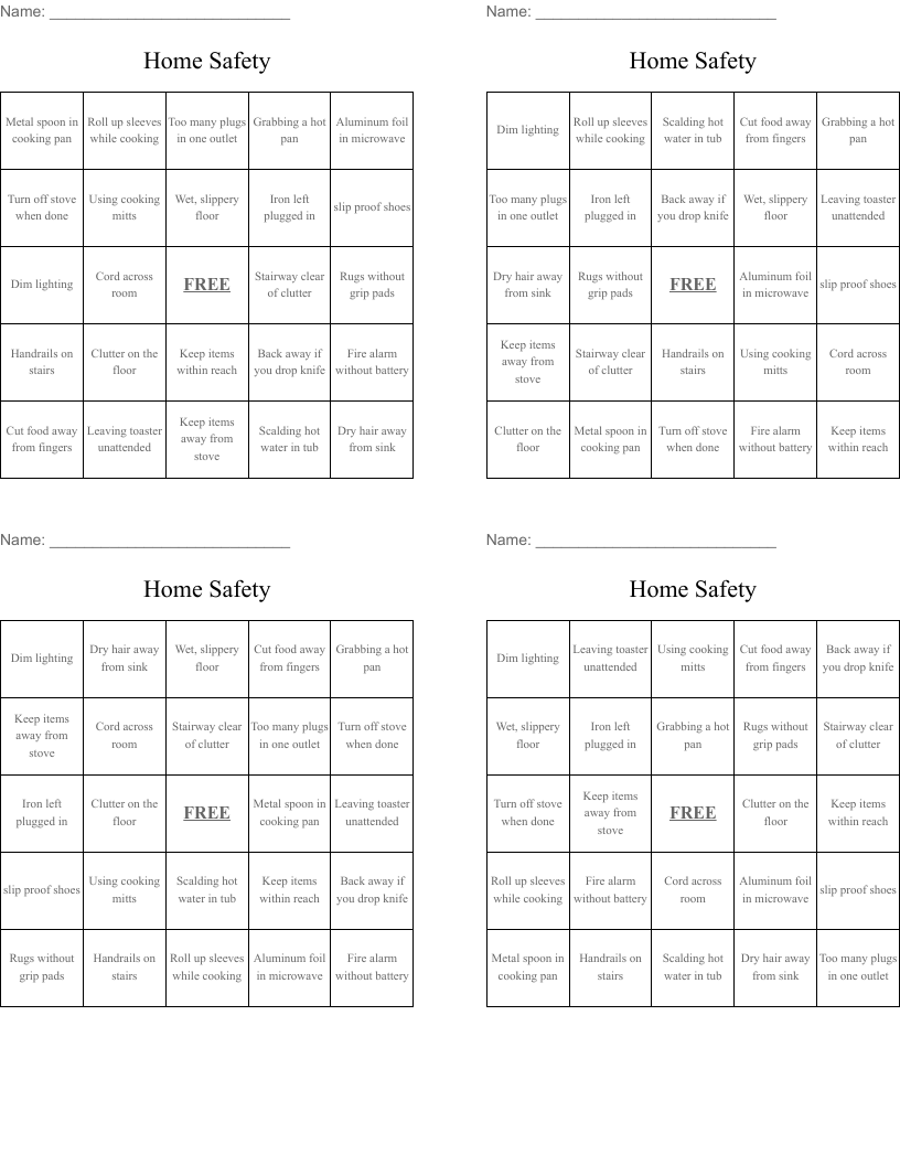 Home Safety Bingo Cards