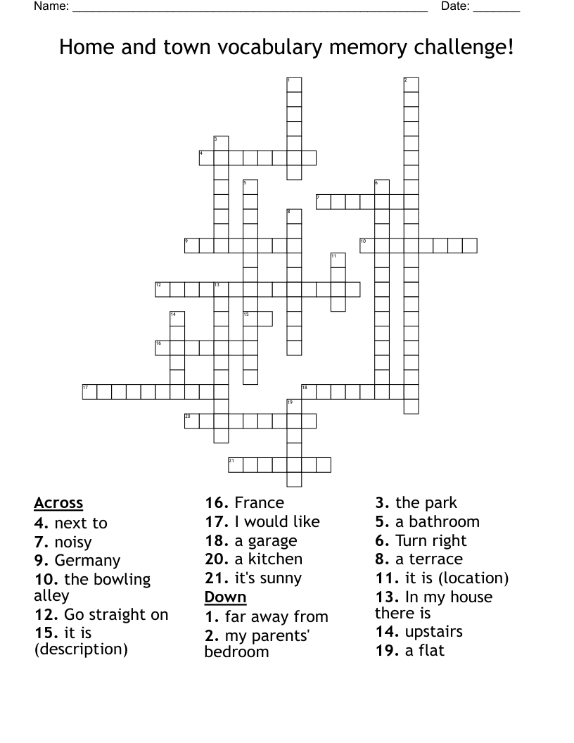 Home and town vocabulary memory challenge! Crossword
