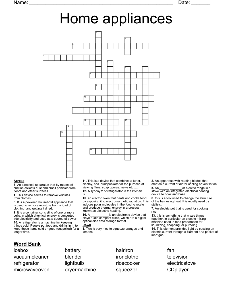 Home appliances Crossword