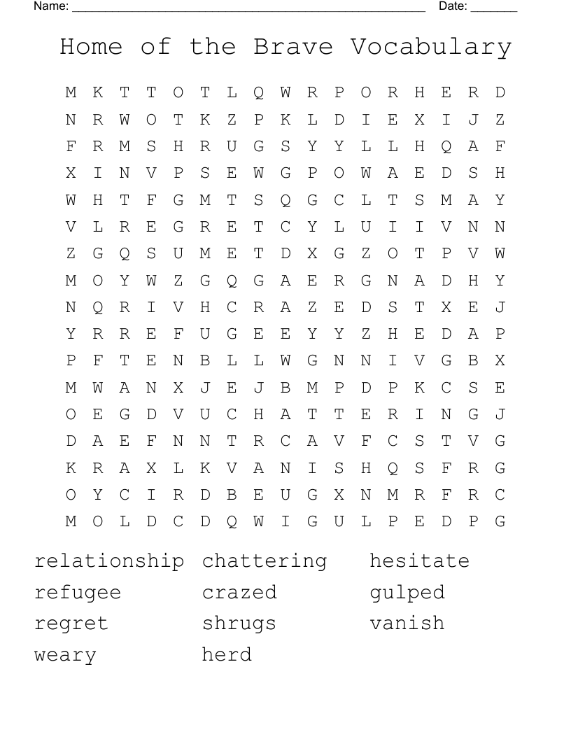 Home of the Brave Vocabulary Word Search