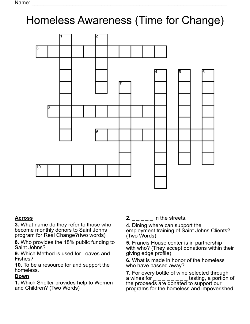 Homeless Awareness (Time for Change) Crossword