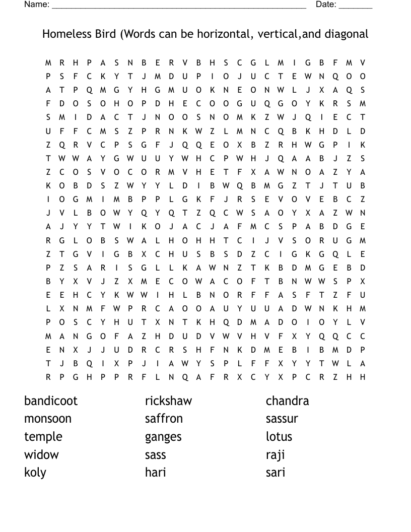 Homeless Bird (Words can be horizontal, vertical,and diagonal Word Search
