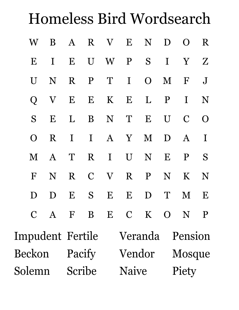 Homeless Bird Wordsearch