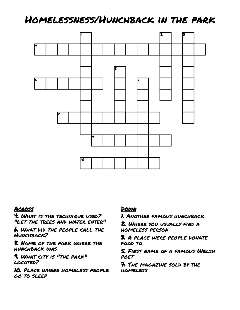Homelessness/Hunchback in the park Crossword