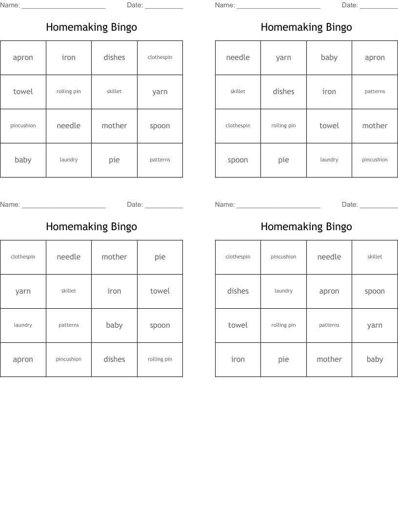 Homemaking Bingo